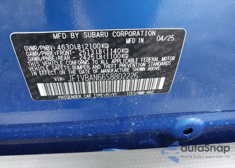 2025 Subaru Wrx Limited из США, поврежденный, VIN JF1VBAN66S8802226